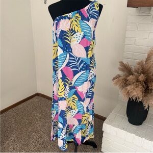 Asymmetrical One-Shoulder Tropical Print Maxi Dress in Blue, Pink, White& Yellow